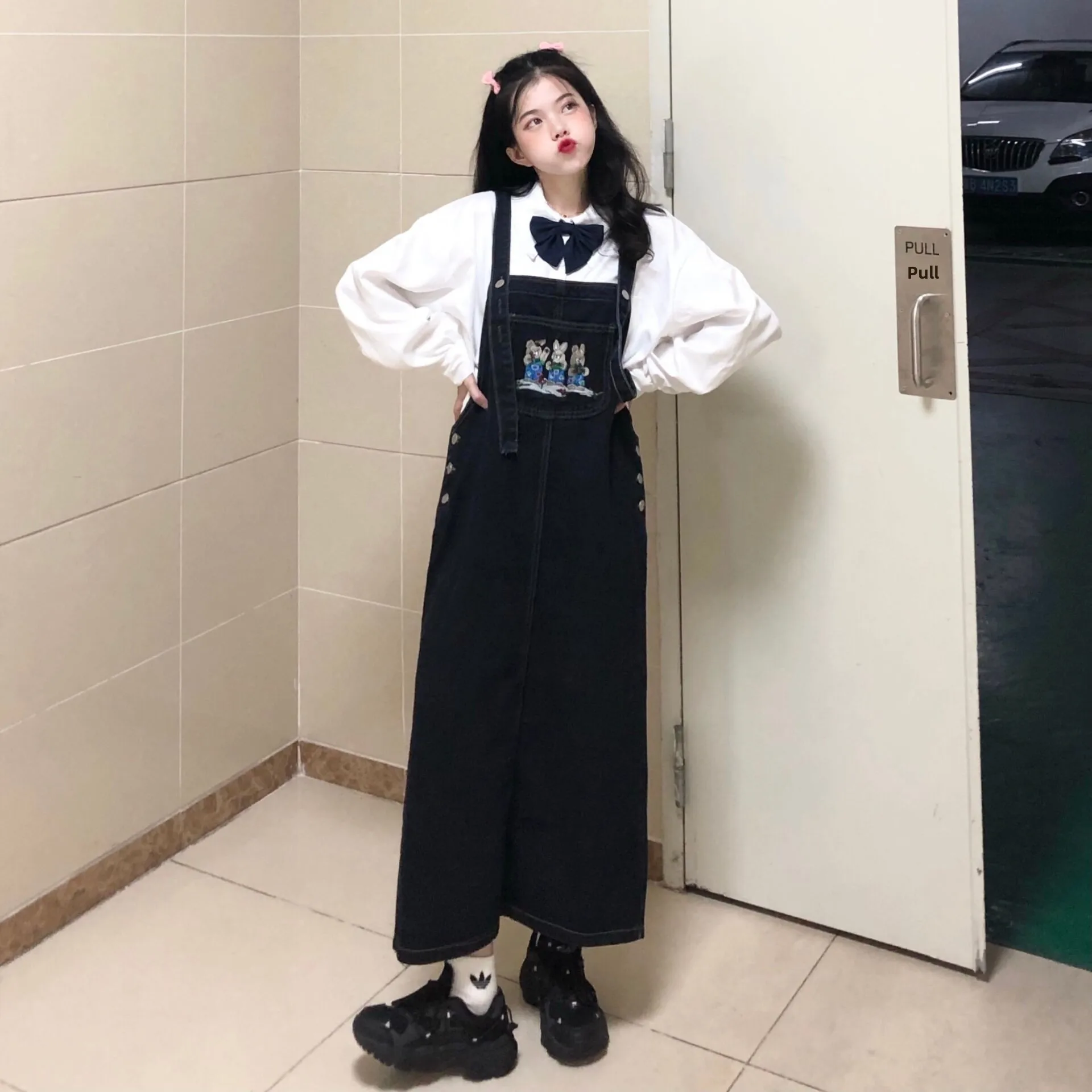 

Chic Korean Sle Cute Denim Overalls Dr Women's Size Vintage Embroidery Slit Skirt Faion Set Polyester Spring
