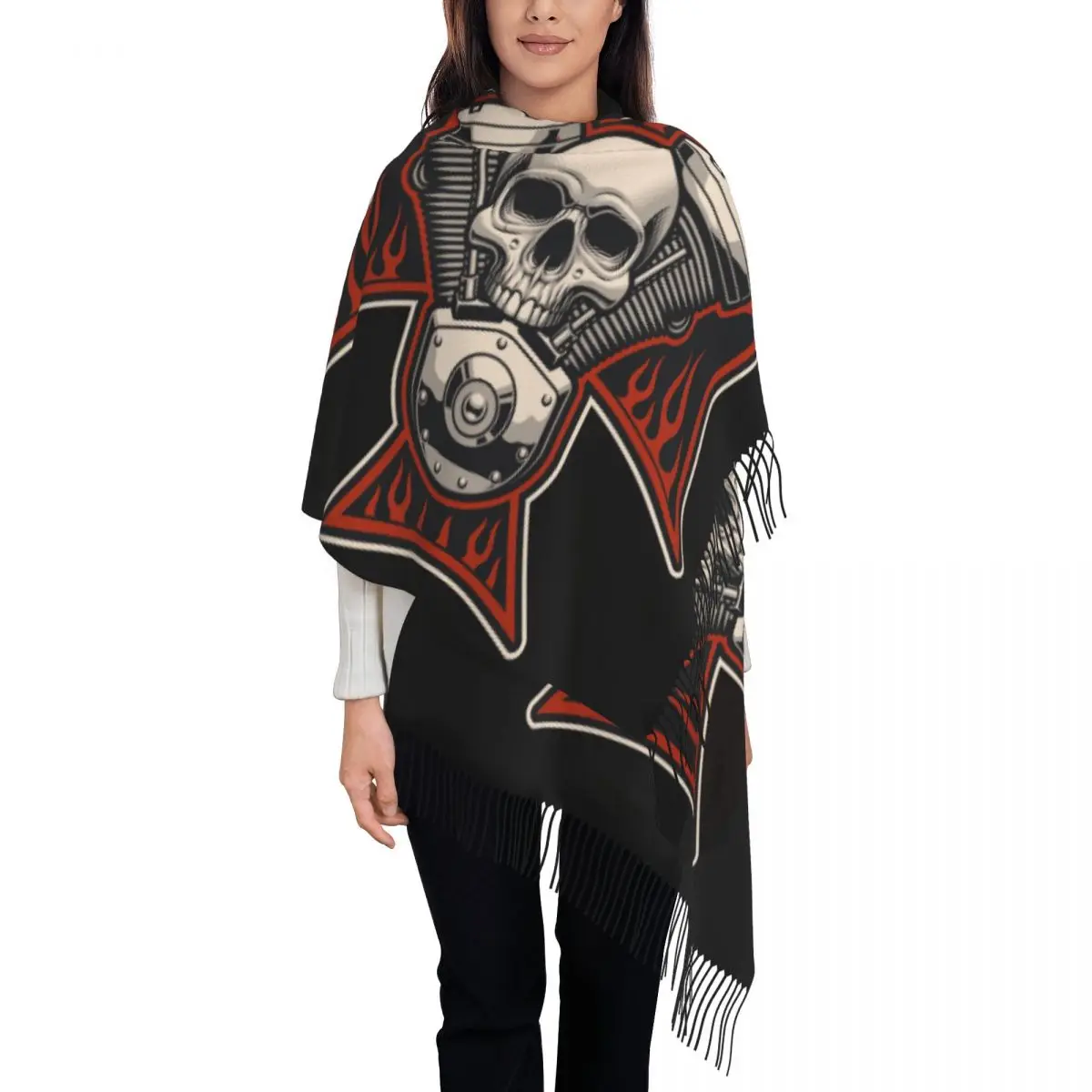 Stylish Rock Motorcycle Bikers Cross And Skull Tassel Scarf Women Winter Warm Shawls Wraps Female Scarves