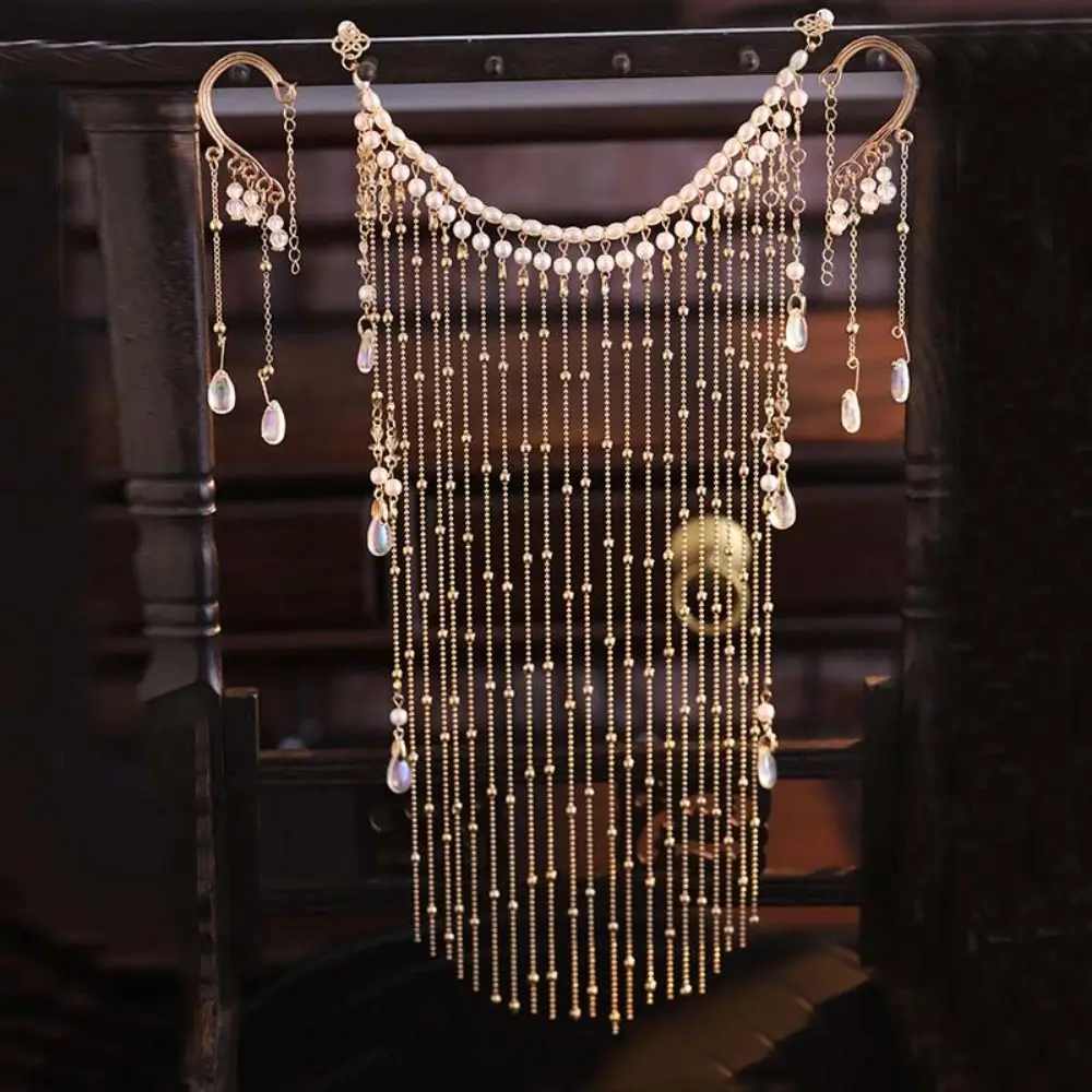 럭셔리 진주 Hanfu 얼굴 체인 귀 걸이 머리 장식 황금 요정 마스크 술 고대 스타일 신비한 베일 파티