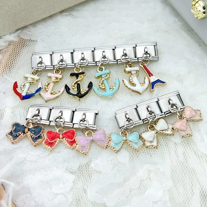 2024 Popular Bow Anchor Pendant Elastic Charm Italian Links Fit 9mm Modular Bracelet Making DIY Jewelry bulk image 2