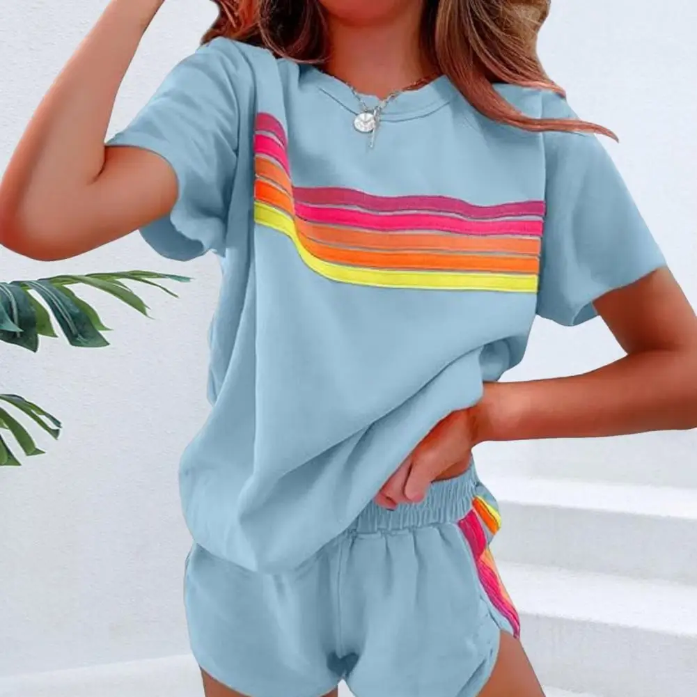 

Women Two-piece Outfit O-Neck Short Sleeve T-shirt Elastic Waist Wide Leg Shorts Set Patchwork Color Street Style Outfit