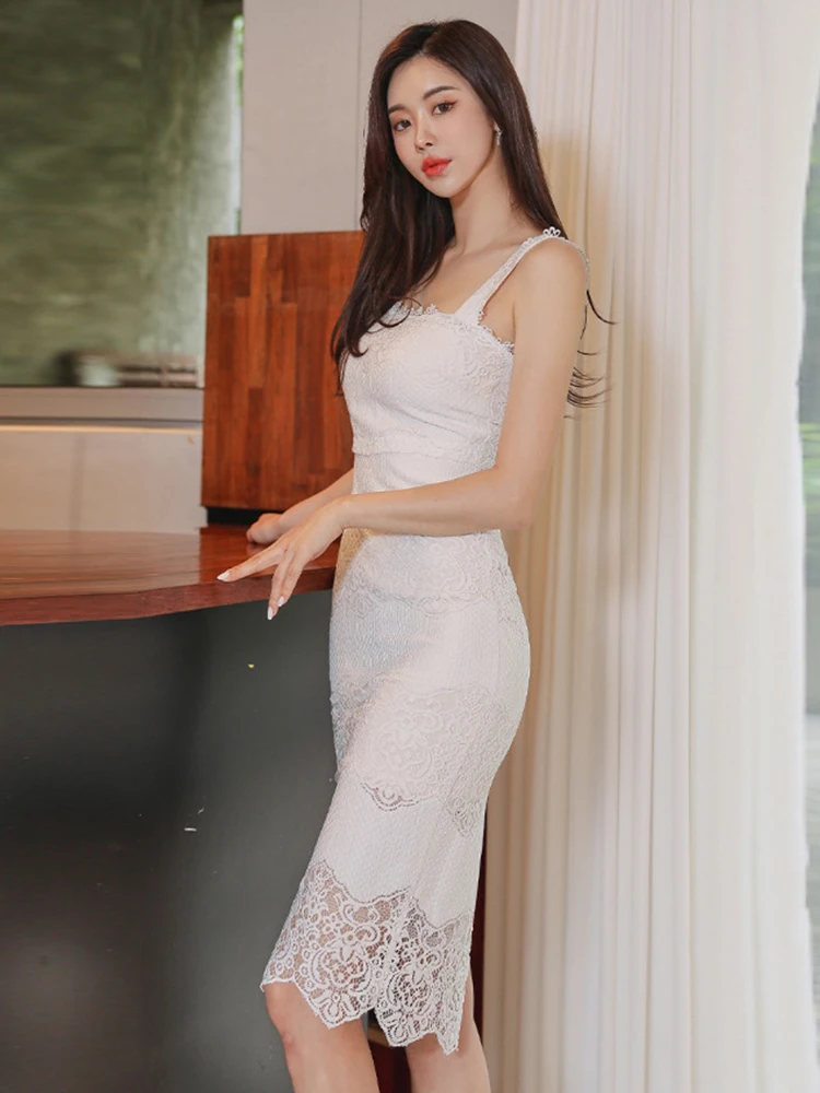 New Summer Sweet Lace White Evening Dress Women Clothes Mujer Elegant Sexy Strapless Slim Midi Party Birthday Vacation Vestidos