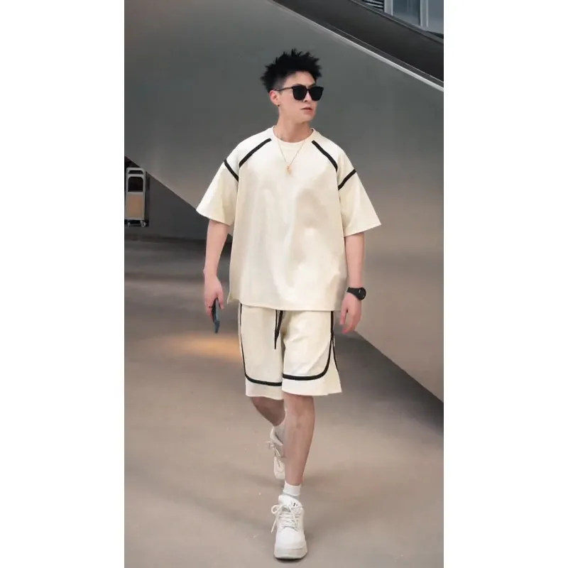 Men's American Sport T-irt And orts Set Large Size Patchwork ort Sve Two-Piece Set Textured Marbled Effect Summer Ca...