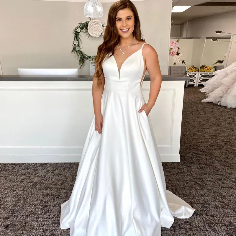 Customized A-Line Satin Women Wedding Dresses Spaghetti Straps V-Neck Bridal Gowns Formal Vestido De Noiva robe de mariée