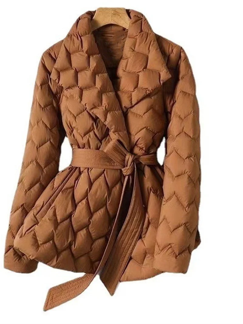 Winter Temperament Water Ripple Quilted Lightweight Down Cotton Jacket Lapel Waist Cinched Mid Length Elegant Cotton Coat