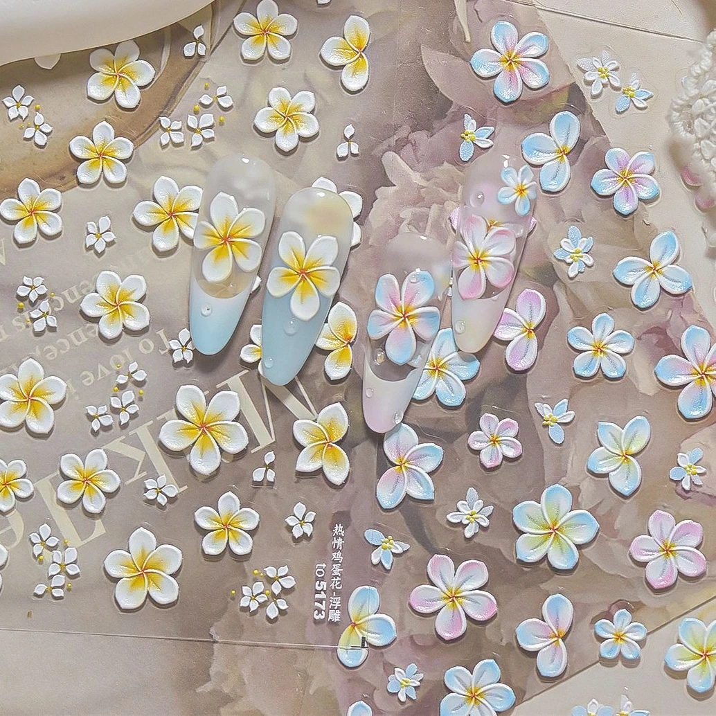 

Chic Embossed Frangipani Picturesque Flower Petal Blossom Romantic Garden Plants Nail Art Decorations Stickers Manicure Decals