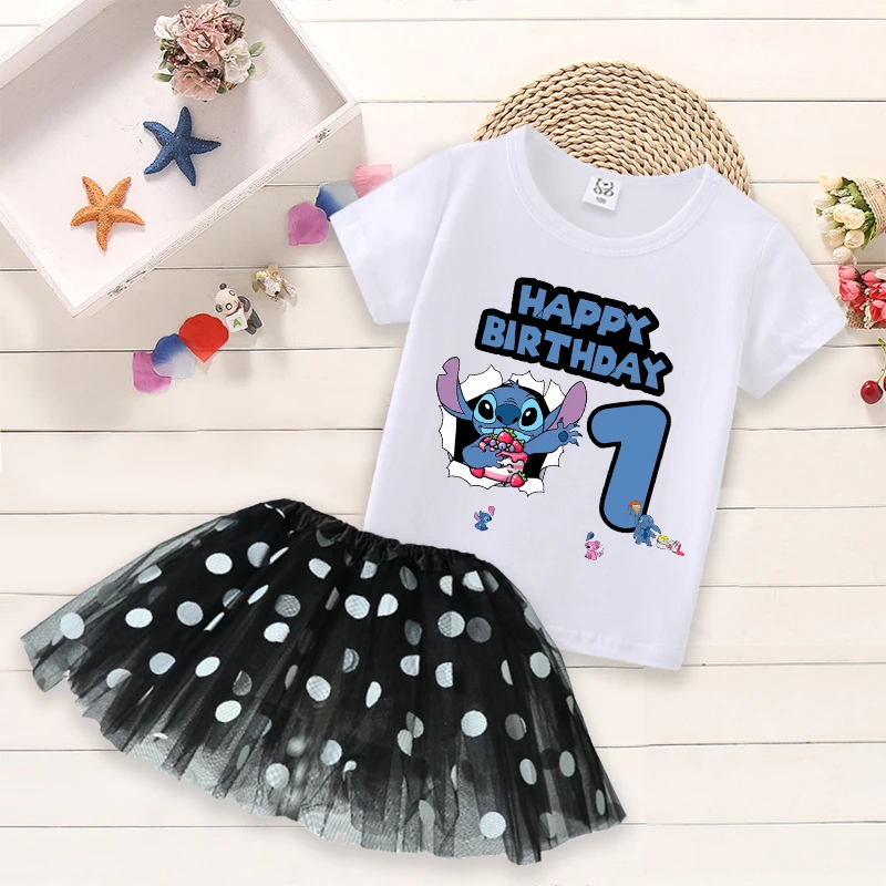 ديزني غرزة الاطفال طفل فتاة عيد ميلاد عدد الزي طباعة قصيرة الأكمام تي شيرت تول نقطة نمط تنورة عقال الملابس مجموعة