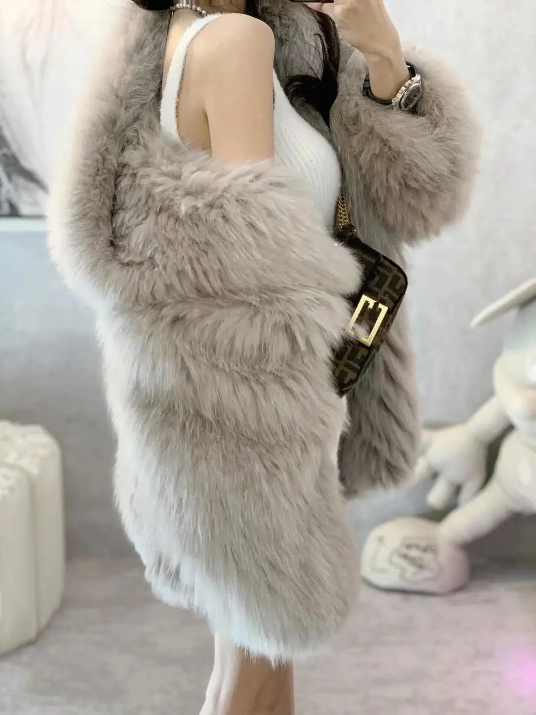 winter 2024 new Korean version of fox fur imitation fur coat women's medium length Internet red fried street hooded fur coat