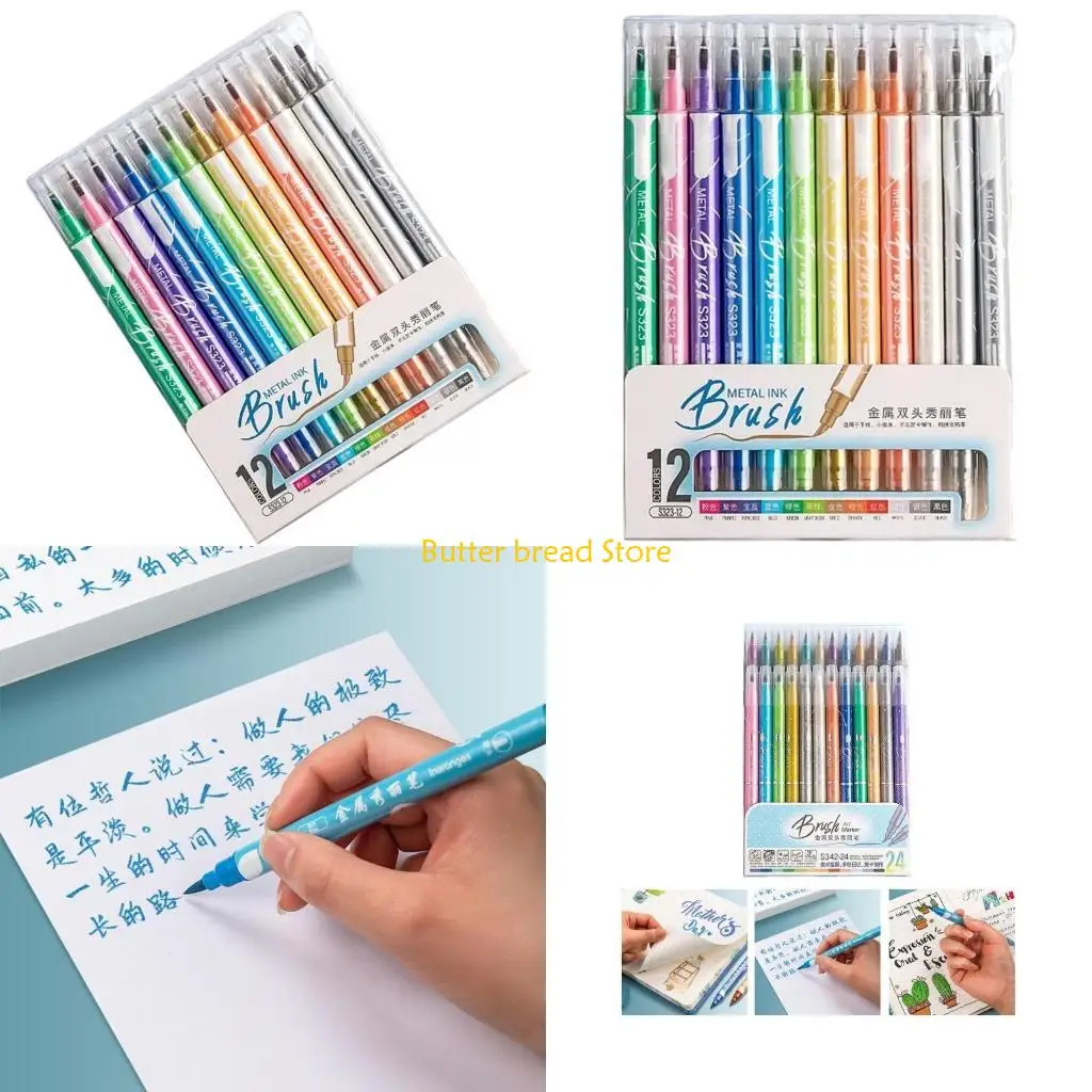 

W89C Metallic Glittered Marker 6/12/24 Color Double Ended Brush Pen for Scrapbooking