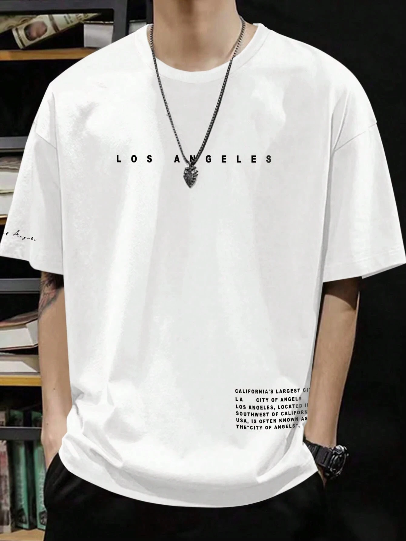 Men's Drop Shoulder T-Shirt, Los Angeles T-Shirt, Cross Design T-Shirt & Long…Shorts Set, Slogan Graphic Drop Shoulder T-Shir
