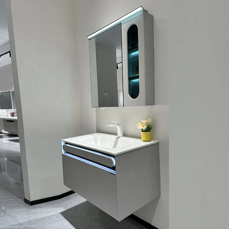 

Modern Luxury Smart LED Wall-Mounted Vanity Mirror Cabinet with Marble and Sintered Ceramic Basin