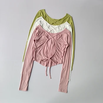 크로스 스트랩 백 긴팔 요가 세트 탑 뷰티 백, 빠른 건조 통기성 단색 스포츠 커버 업 피트니스 티셔츠