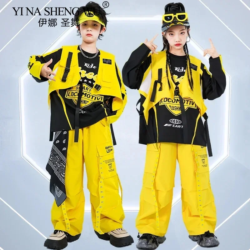 Hip hop meninos moda colete legal moletom calças de carga meninas k-pop conjuntos de roupas de dança de rua crianças trajes jazz criança streetwear