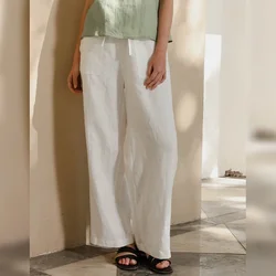 Casual 100% Linen Women's Pants Solid Loose Elastic High Waist Drawstring Trouser Korean Fashion Harajuku Streetwear Sweatpants