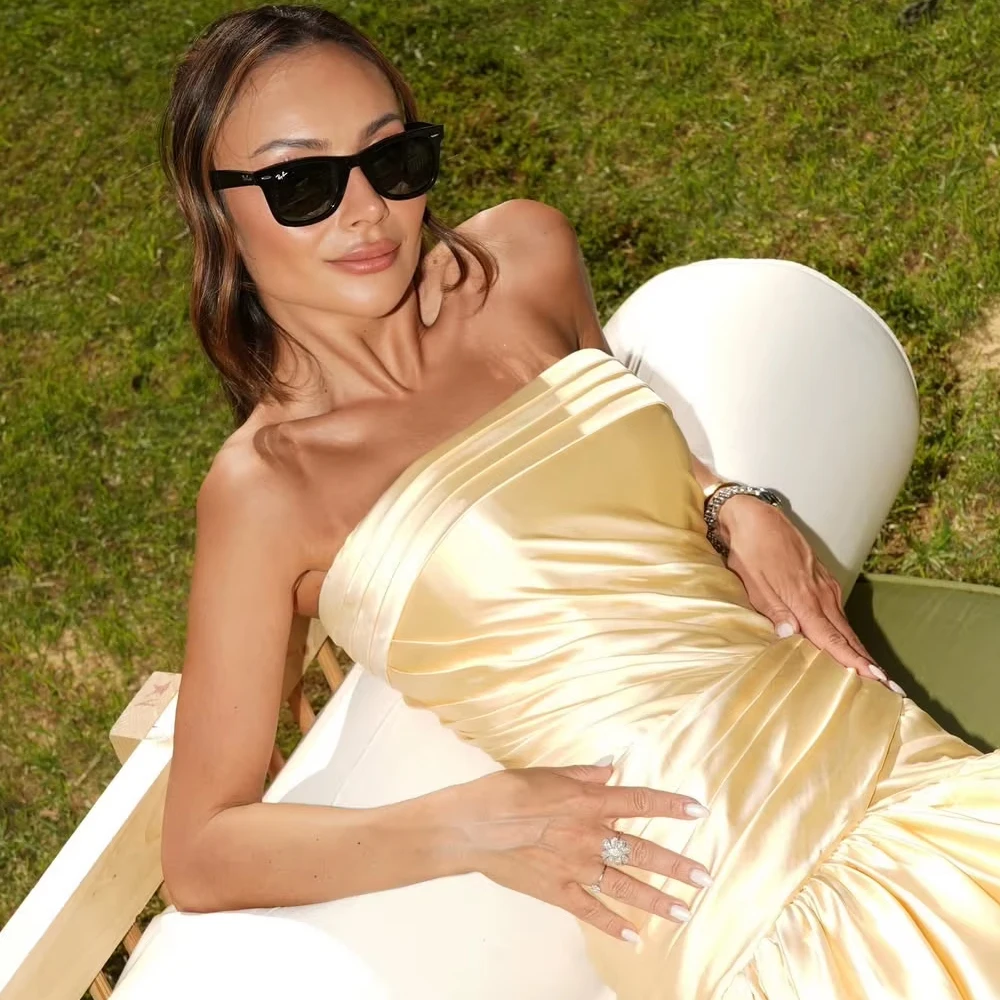 Customized Yellow Satin Evening Dress Strapless A Line Formal Occasion Dress Elegant Saudi Arabia Prom Gowns