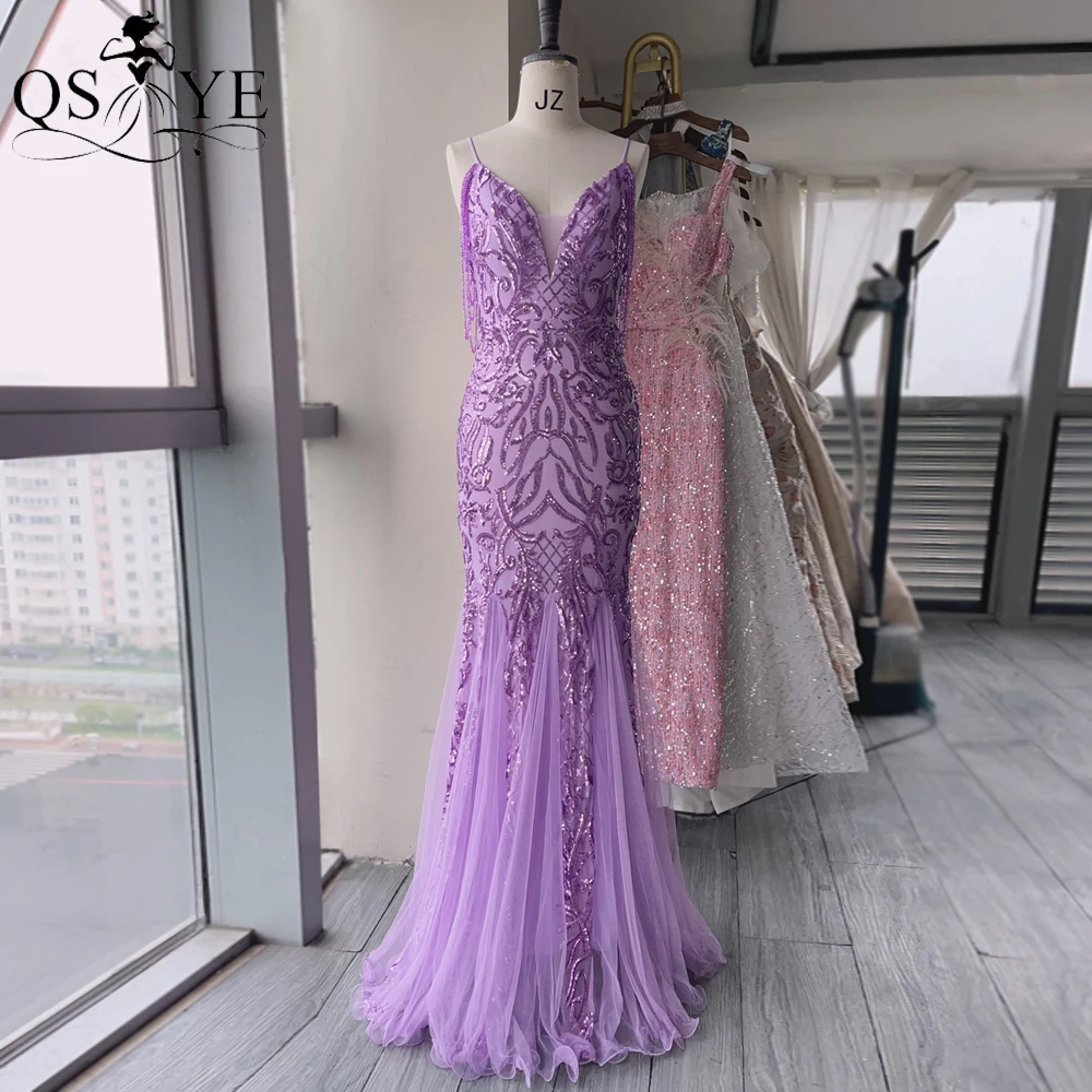 

Pattern Lace Purple Mermaid Prom Dresses Sequin Spaghetti Straps V neck Party Gown Beading Strings Elegant Women Evening Dress