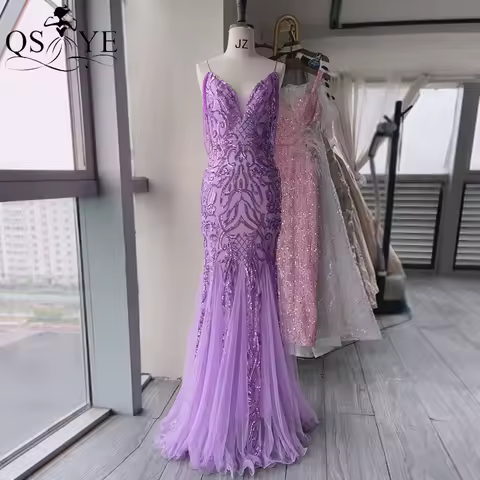 Purple Mermaid Prom Dresses Pattern Lace Sequin V neck Formal Dress Beading Strings Elegant Women Purple Evening Dress