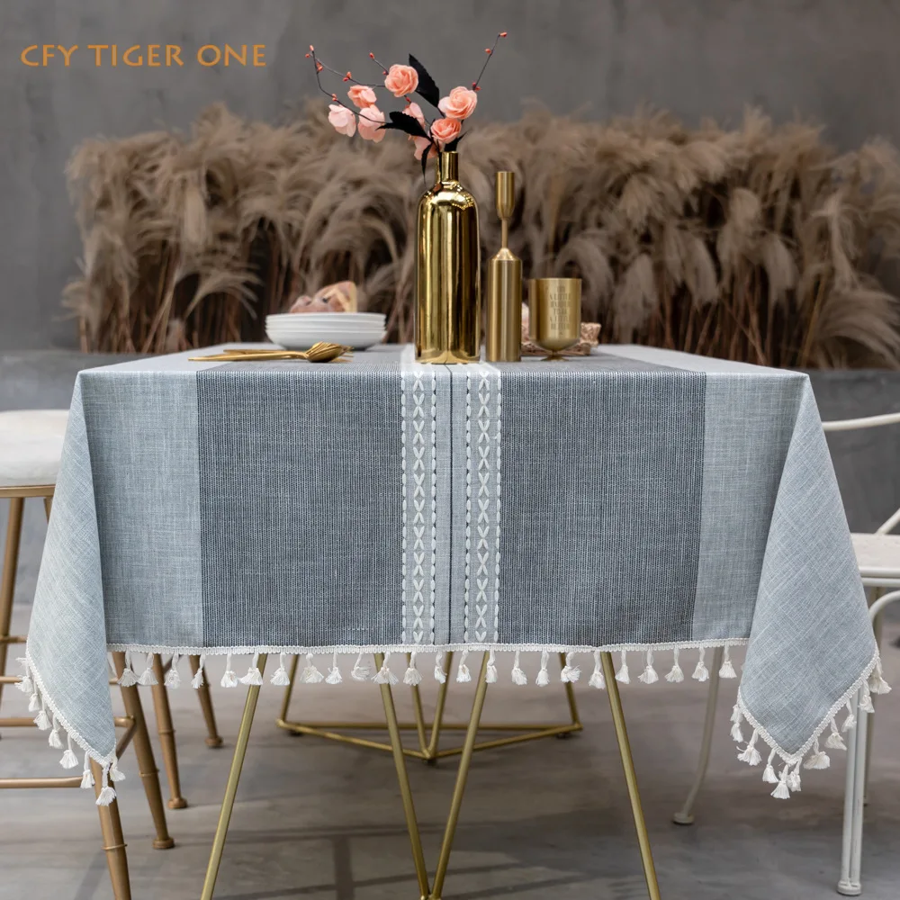 Cotton Linen Symmetrical StripeTablecloth Rectangular Tables Cloth with Tassel Coffee Desks Cover for Dining Table Wedding Decor