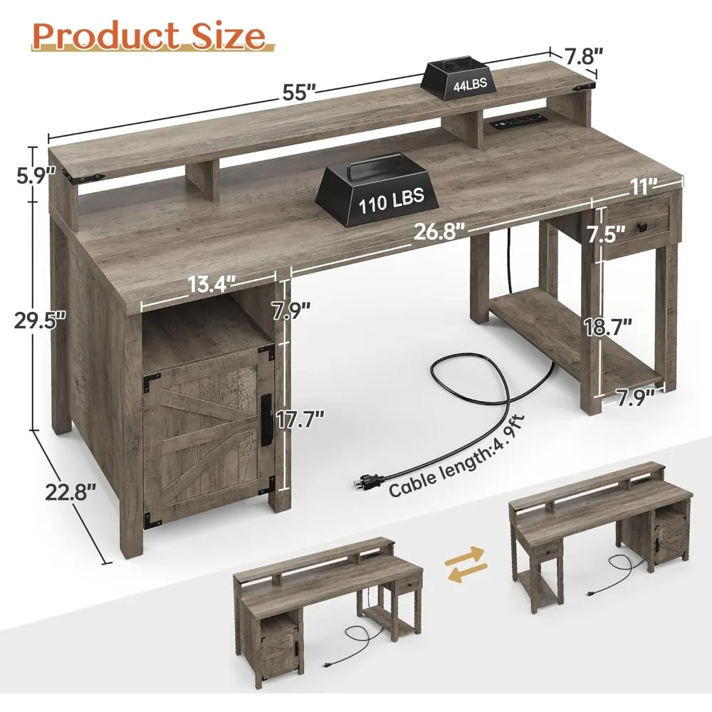 Bureau d'ordinateur en bois réversible avec prises de courant, bureau de ferme avec support de moniteur long, grand bureau à domicile, 55 po