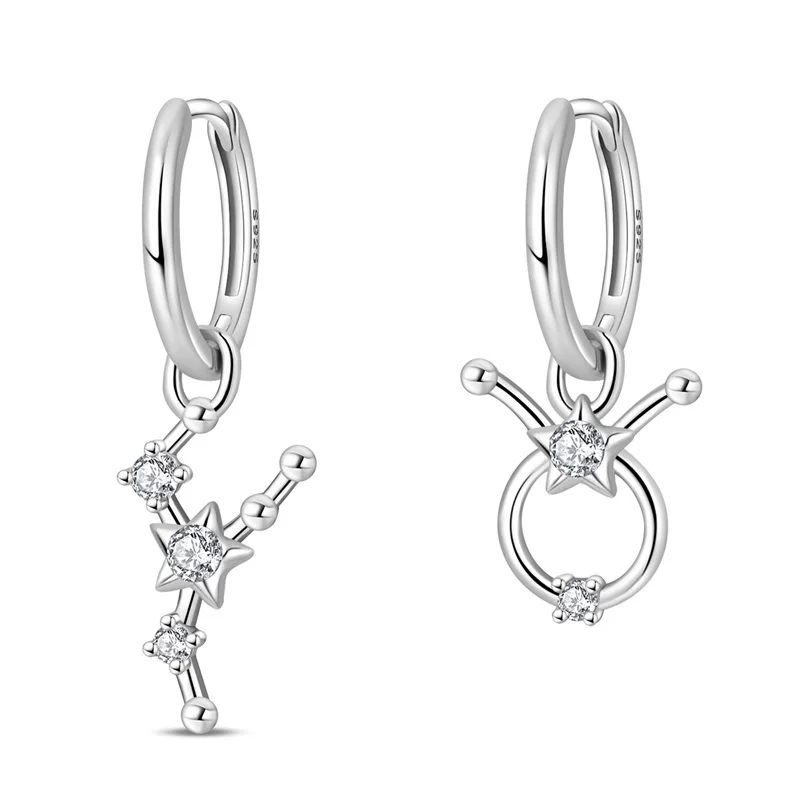 Hot Sale 925 Sterling Silver 12 Constellation Taurus Earrings Women Zircon Ear Studs Sparkling Pave Hoop Earring Jewelry Gift
