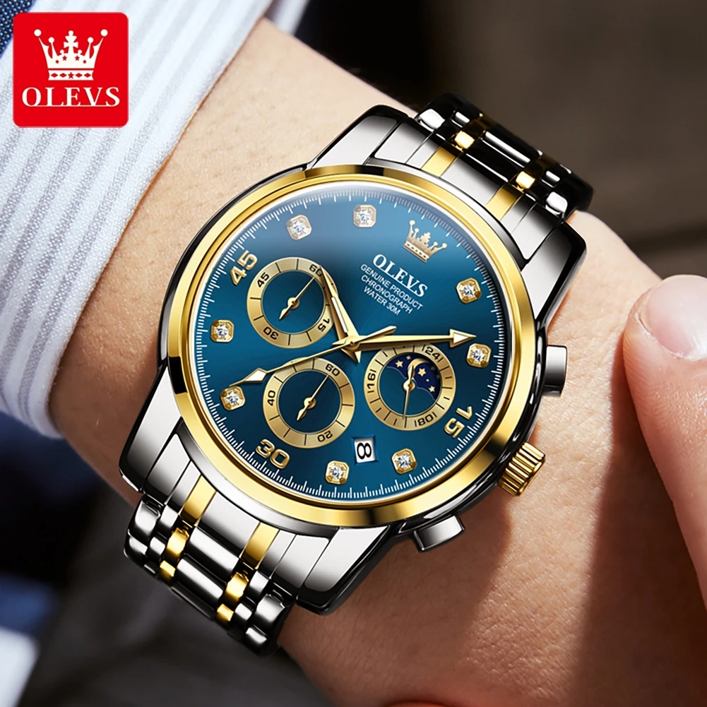 OLEVS Original Men Watch Quartz Chronograph Moon phase Date Luminous Waterproof Luxury Business Wristwatch Quartz Watch for Men