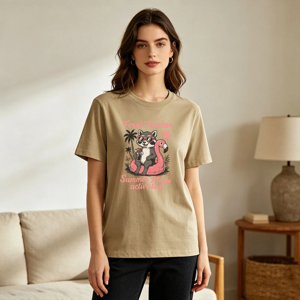 Feral Teacher Summer Mode Activated Raccoon Flamingo Float Palm Tree Women Cotton Tshirt Cartoon Holiday Travel Casual Daily Top