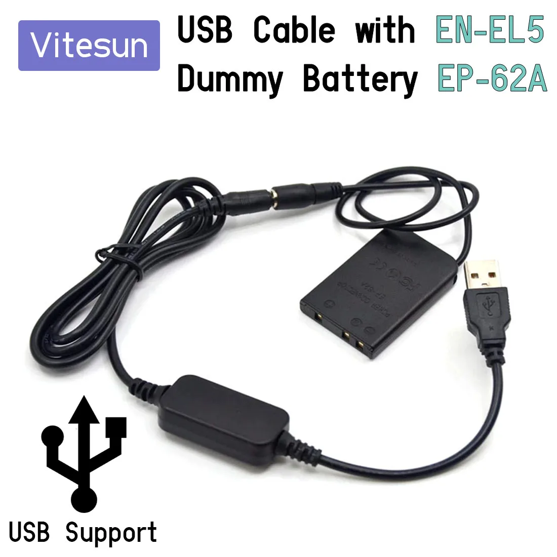 Vitesun USB Cable Power Adapter+ EP-62A DC Coupler EN-EL5 Dummy Battery for Nikon Coolpix S10 P80 P90 P100 P500 P510 P5000 P5100