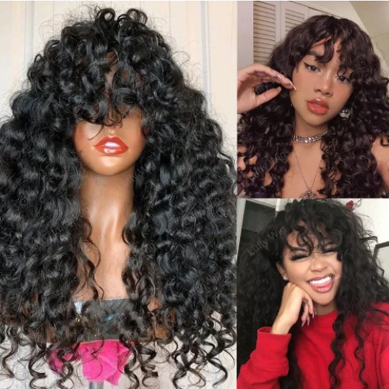 Natural Black 26 Inch Long Kinky Curly Machine Wig With Bangs For  Women High Temperature Fiber Cosplay Soft Glueless Synthetic