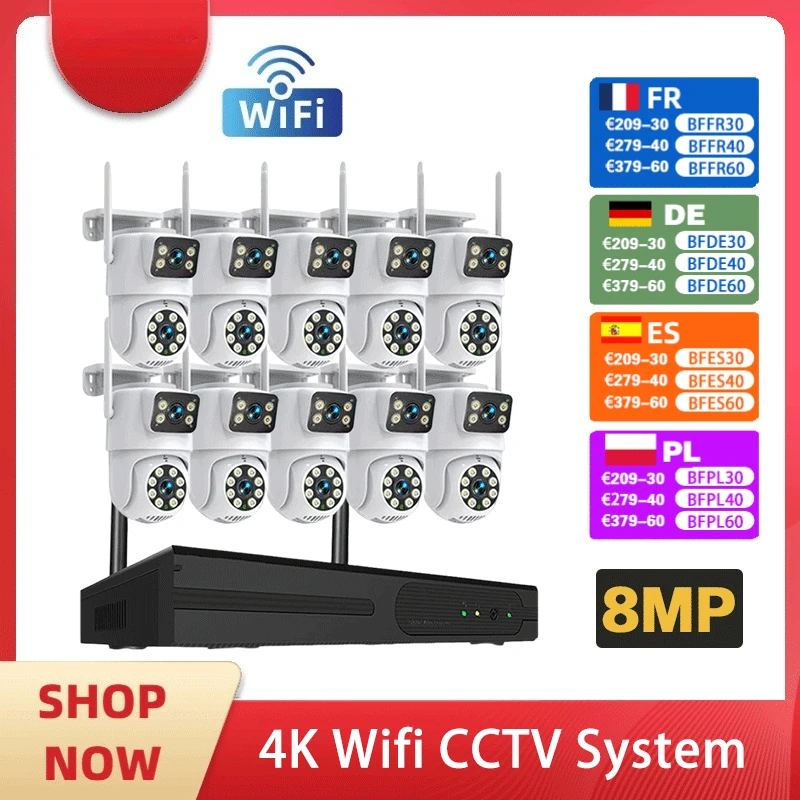 

Комплект 4K с двумя объективами, Wi-Fi, PTZ-камера, 8-канальный цветной комплект ночного видения, беспроводной сетевой видеорегистратор, 10-канальный 2-сторонний аудиосистема видеонаблюдения, комплект видеонаблюдения