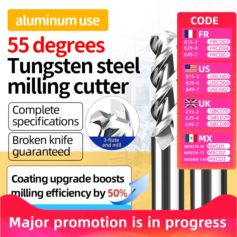 

HRC55 3-Flute Flat End Mill - Tungsten Carbide Milling Cutter for Aluminum High Gloss Mirror CNC Machining Center