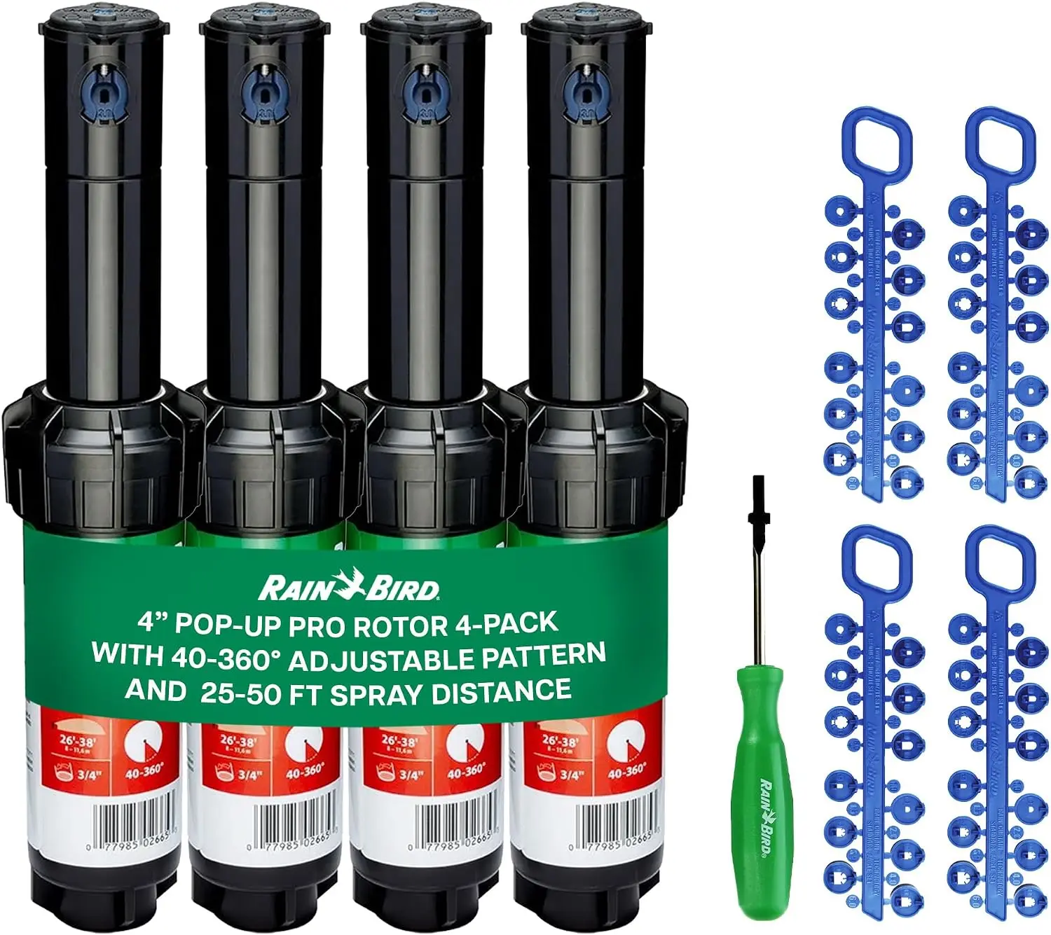 4 Pack Rotor Sprinkler Heads with Nozzle Tree & Adjustment Tool, Adjustable 40-360 Arc, 25-50 ft Radius, 3/4 inch Inlet