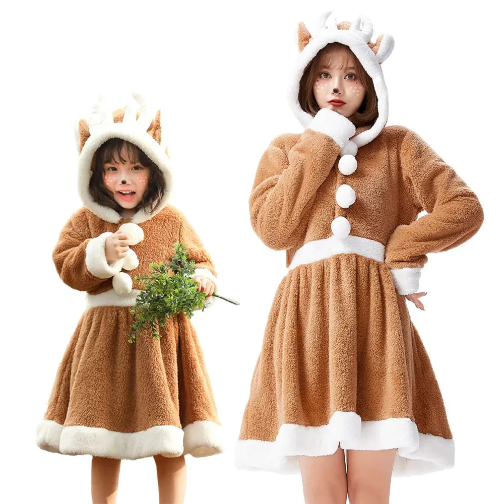 

Adult Girls Animals Elk Christmas Reindeer Velvet Hooded Dress Kids Halloween Role Play Dress Up Cosplay Parent-Children Clothes