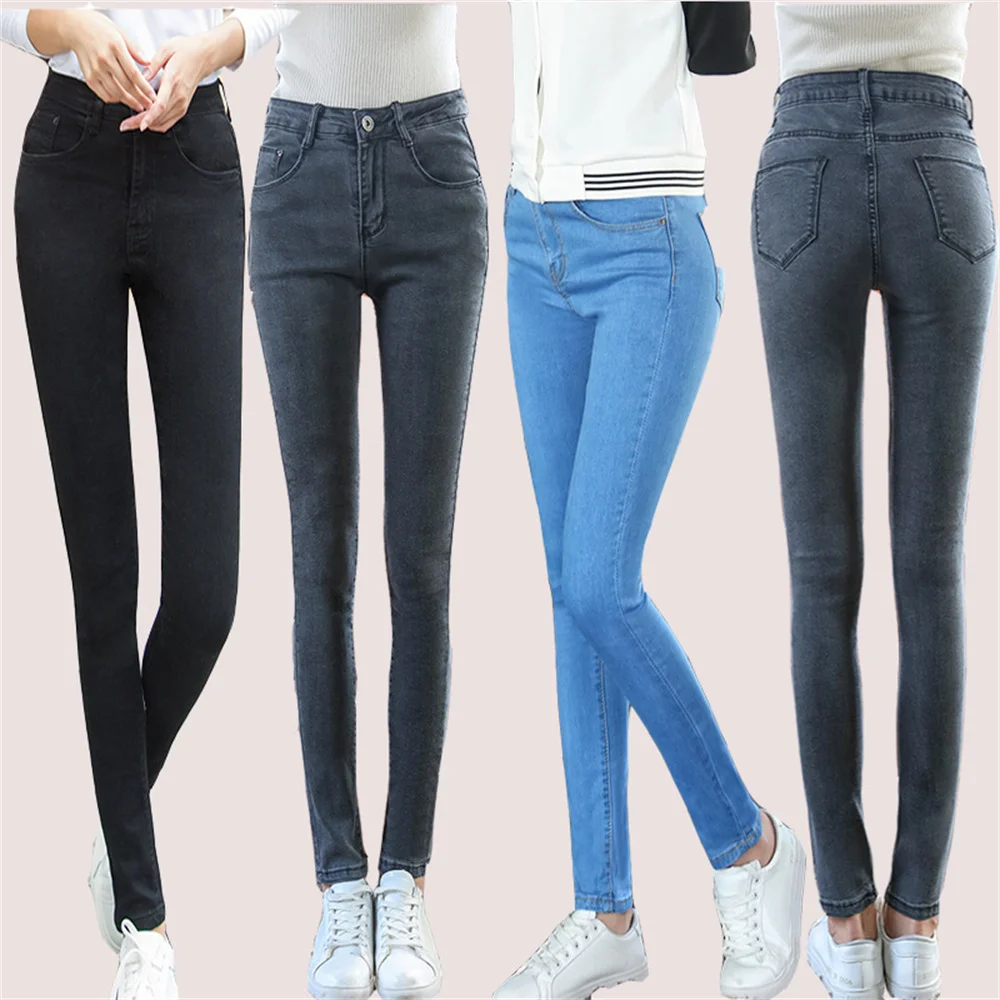 Jean Slim taille haute élastique pour femme, pantalon en Denim extensible, avec poches, noir et bleu, à la mode