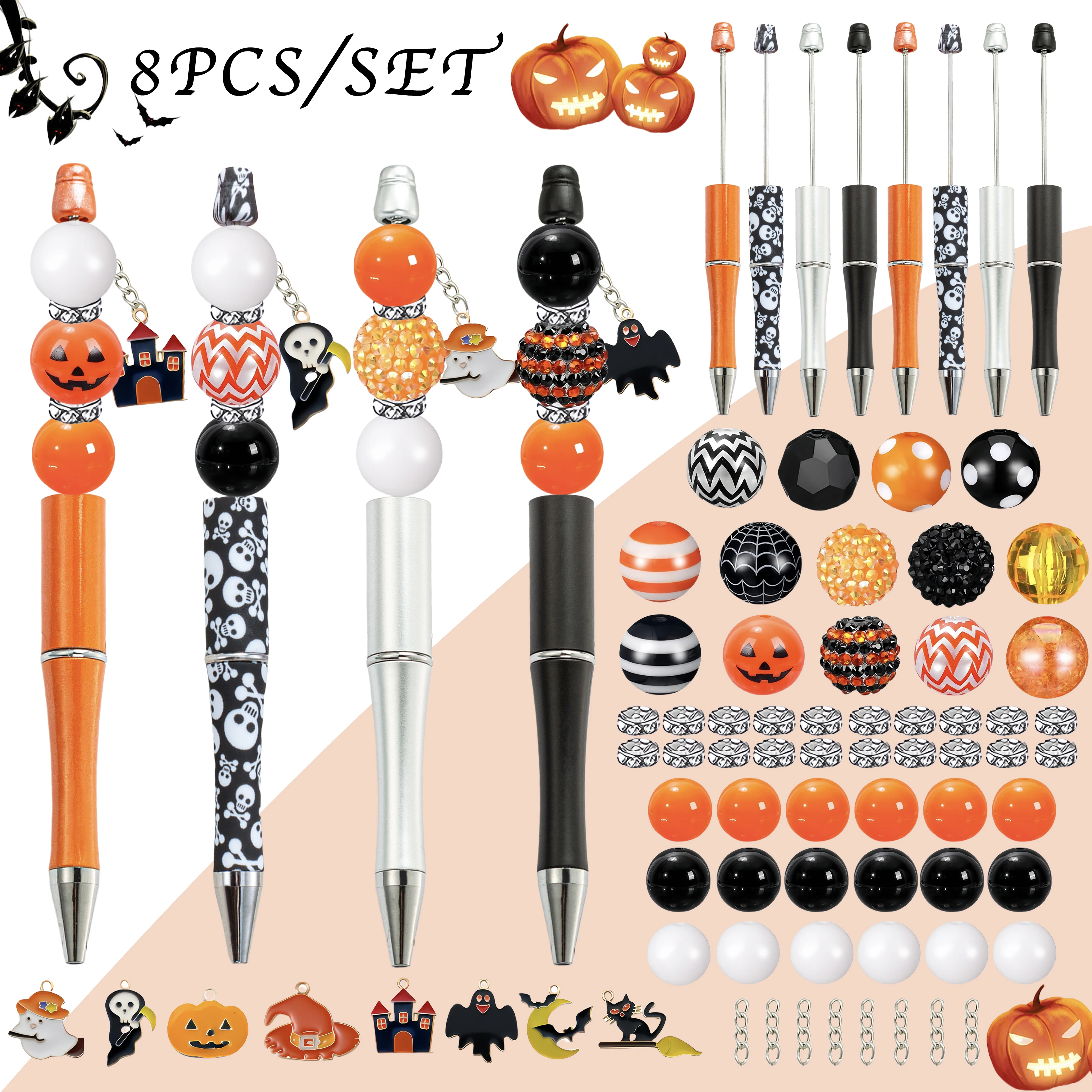 

8 шт., черный, оранжевый, Хэллоуин, тыква, дьявол, замок, летучая мышь, тематическая шариковая ручка из бисера «сделай сам», акриловая бусина и подвеска, набор подвесок