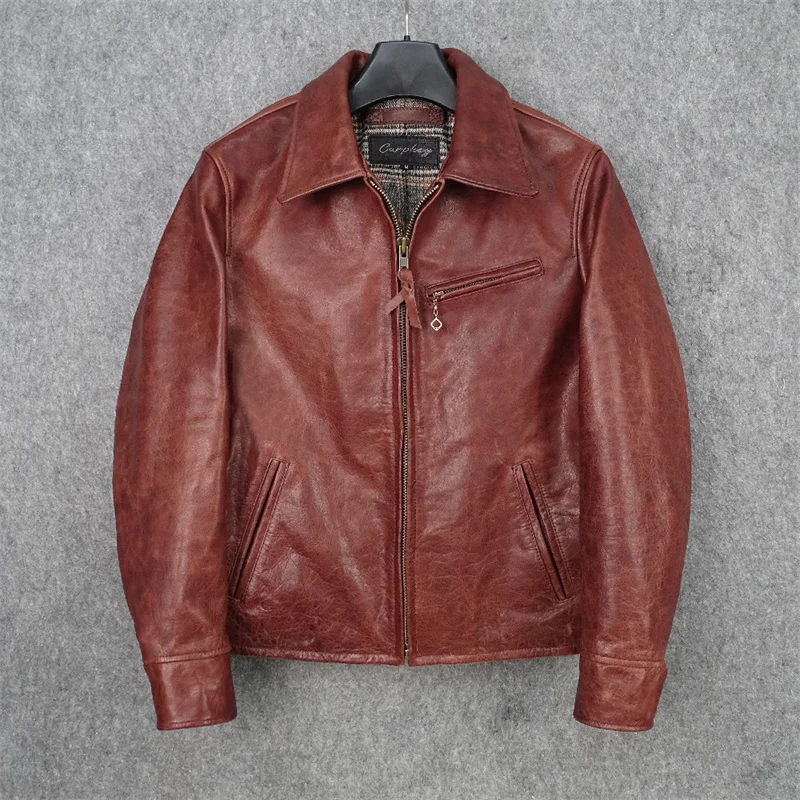 shipping.2023 Brand new Free tanned Vintage style horsehide jacket.Classic Rider 1930 genuine leather coat.red brown slim