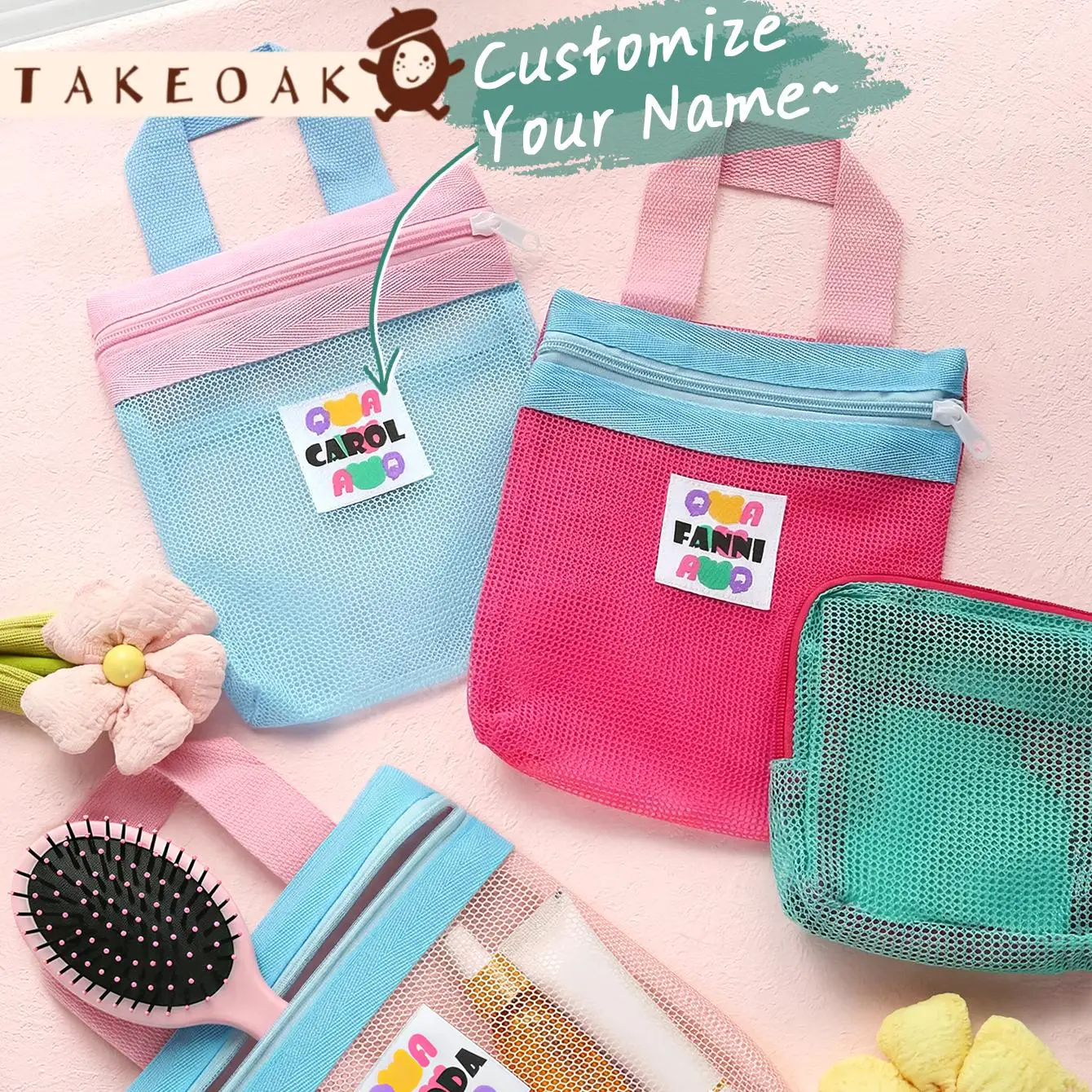 Candy Color Custom Name 2pcs Mesh Bag Set Portable Quick Dry Shower Beach Cosmetic Pouches Personalized Souvenir Gift