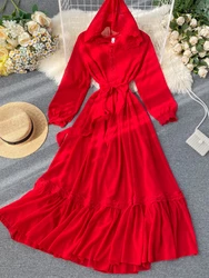 Red Hooded Long Dress Women Elegant Ruffled Chiffon Beach Dresses Spring Autumn Slim A-line Solid Long Robe Vestidos