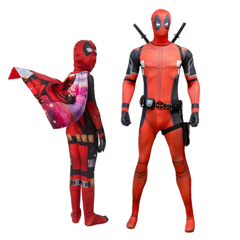 Disfraz de cuerpo completo de MARVEL DEADPOOL con capa para niños y adultos, mono con patrón 3D, mono con accesorios ricos # 1 # W
