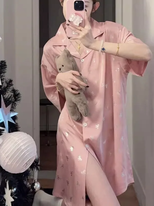 

Summer New Ice Silk Satin Silver Heat Transfer Loose Open Cardigan Collar Home Clothes Sleepwear Dress Women's Shirt Style