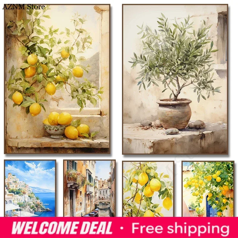 2026  Italian Lemon Olive Tree Retro Mediterranean Greece Landscape Poster Canvas Painting Wall Art Pictures Home Interior De