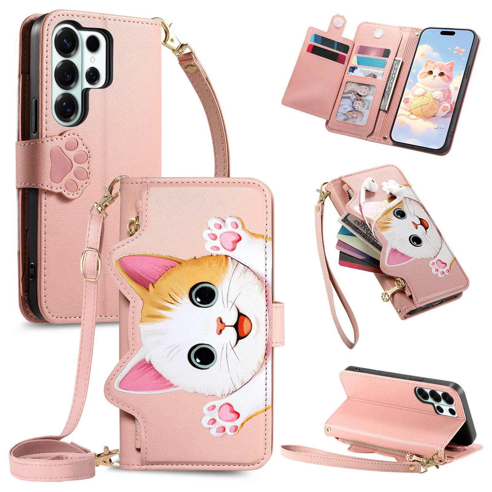

Cute Cat Crossbody Long Lanyard Flip Wallet Leather Case For Samsung S26 Ultra S25 S24 Plus S23 A27 A17 A37 A16 Shockproof Cover
