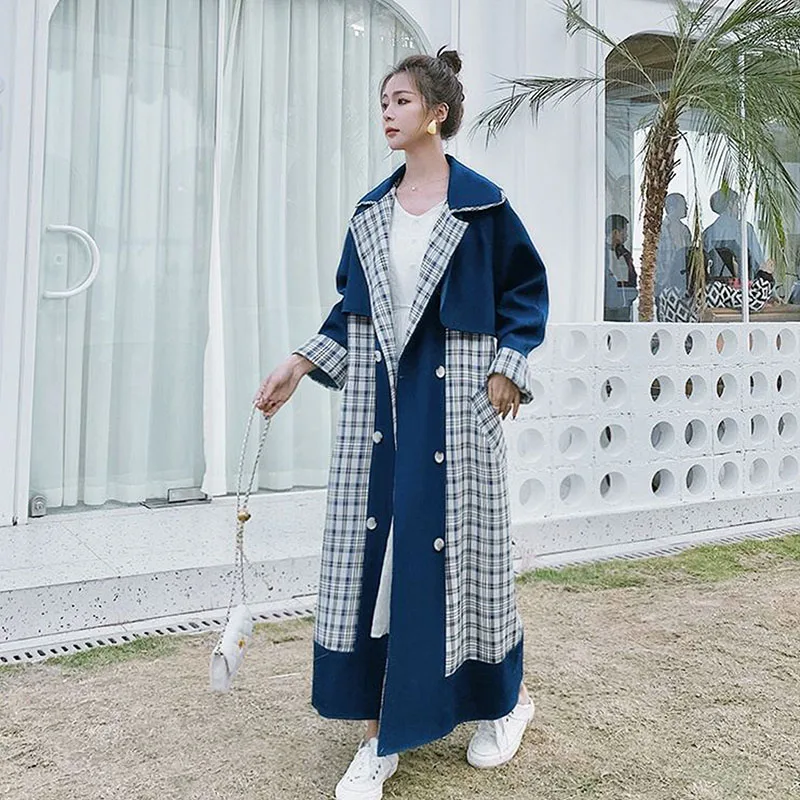 2024 autunno Vintage lungo Plaid Trench donna doppio petto manica lunga risvolto femminile giacca a vento Casual antivento capispalla