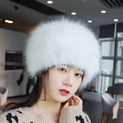 Women Lady Russian Tick Fluffy imitation Fox Fur Hat Headband Winter Earwarmer Ski Hat Female Hats For Autumn winte Rlight White