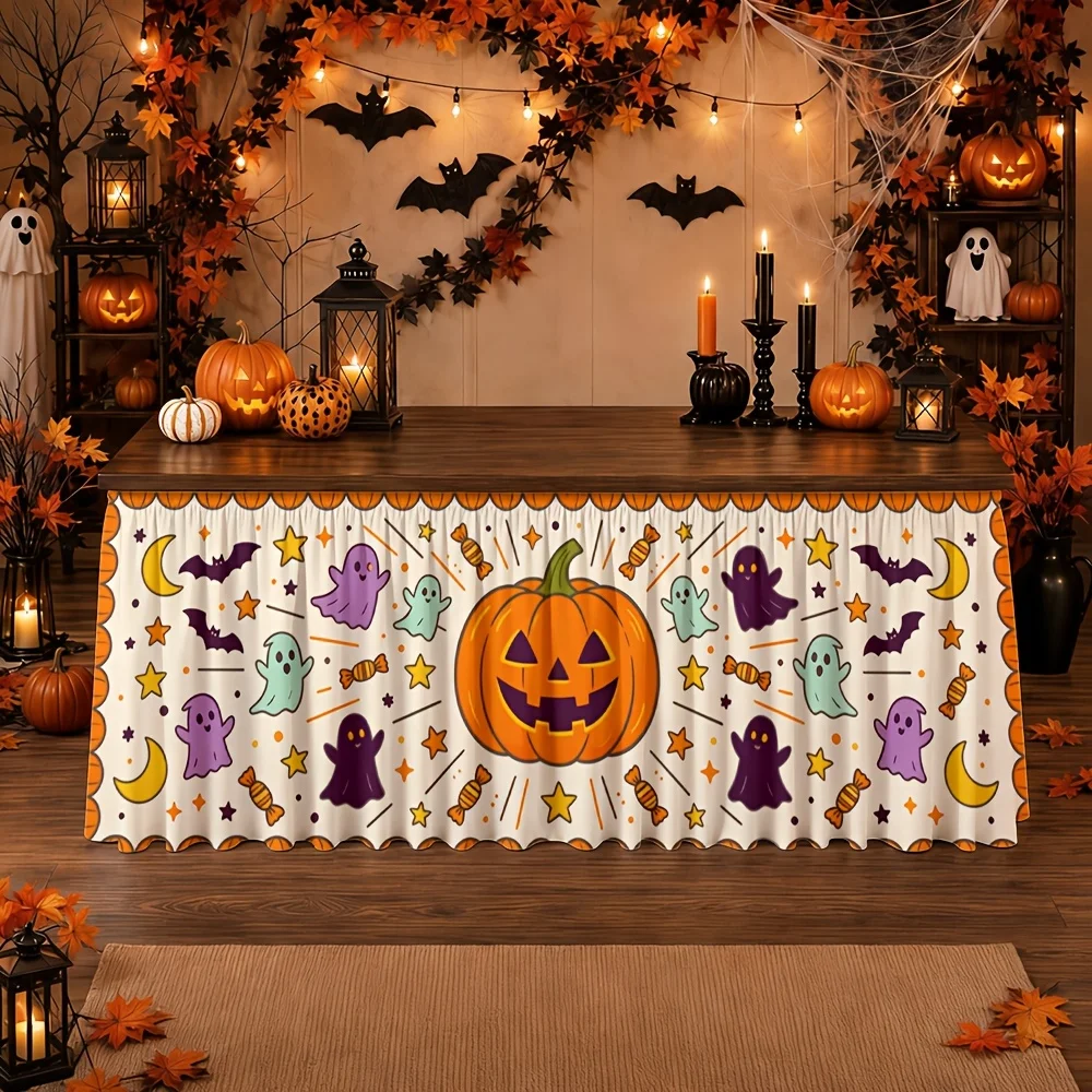 One table skirt. Halloween pumpkin, ghost, bat, moon, candy, corn pattern table skirt. Polyester, festive, scary.zyc
