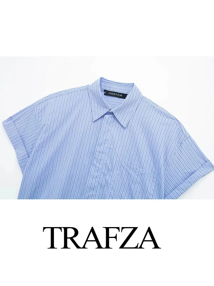 TRAFZA Women\'s Summer Clothing Chic Blue Stripe Lapel Single Breasted Button Up Women\'s Short Sleeve Shirt Commuting Office Top