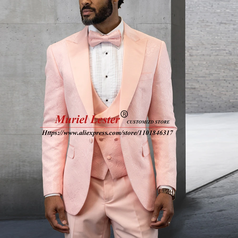 

Pink Floral Jacquard Wedding Tuxedo 3 Pieces Formal Men Suits Tailored Made Groomsman Business Fashion Blazer Sets Clothing 2022