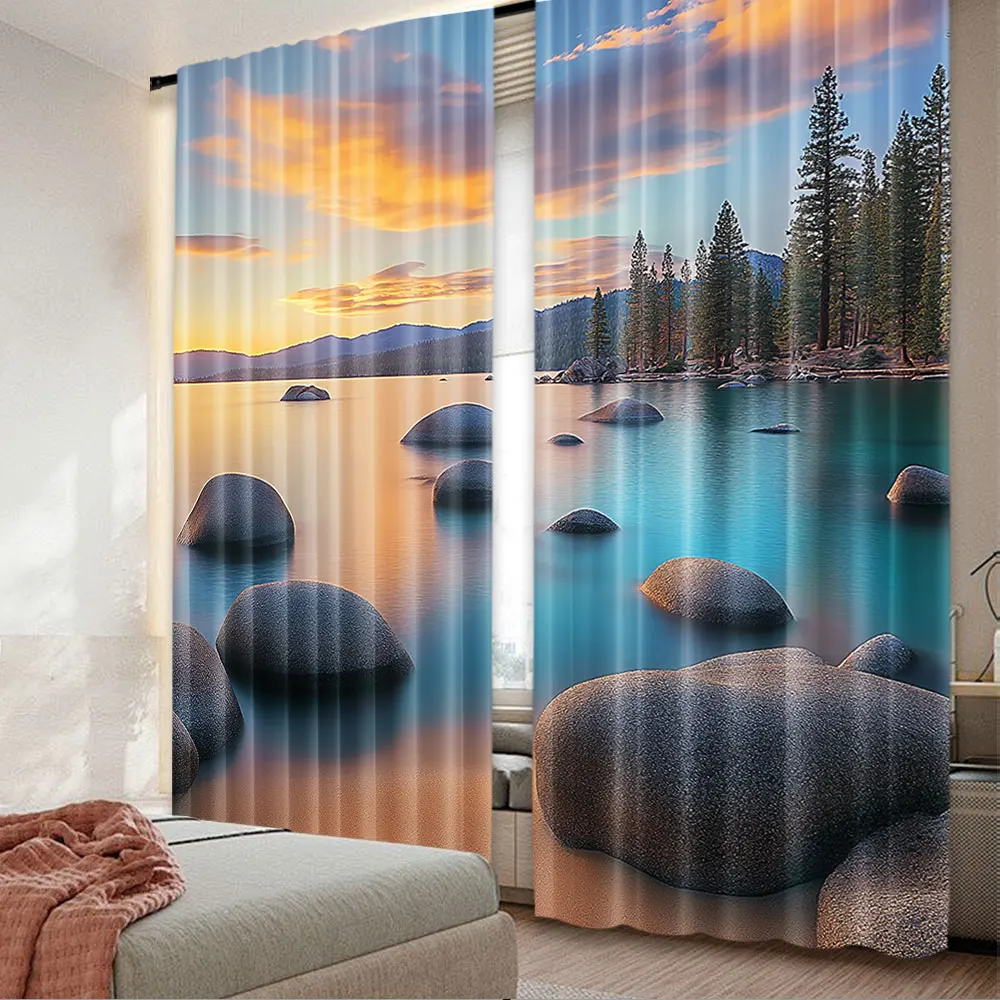 

2Pcs Lake Curtain Horizon On Stoned Sea Sun Beams And Reflection Romantic Shore Coastal Suitable For Bedroom Living Room Dining