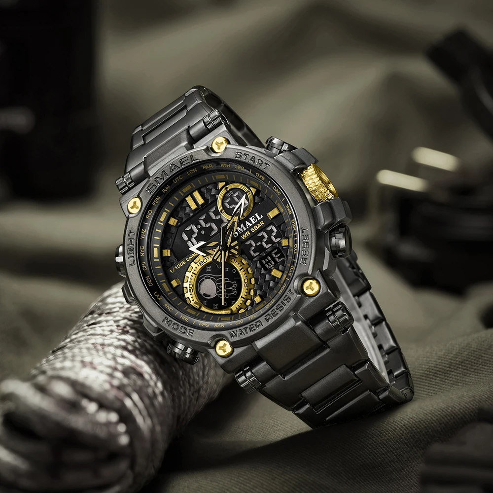 Fashion Stainless Steel Watches Bussiness Watches Waterproof Digital Back Light 50M 8095 Sports Quartz Wristwatches Men\'s