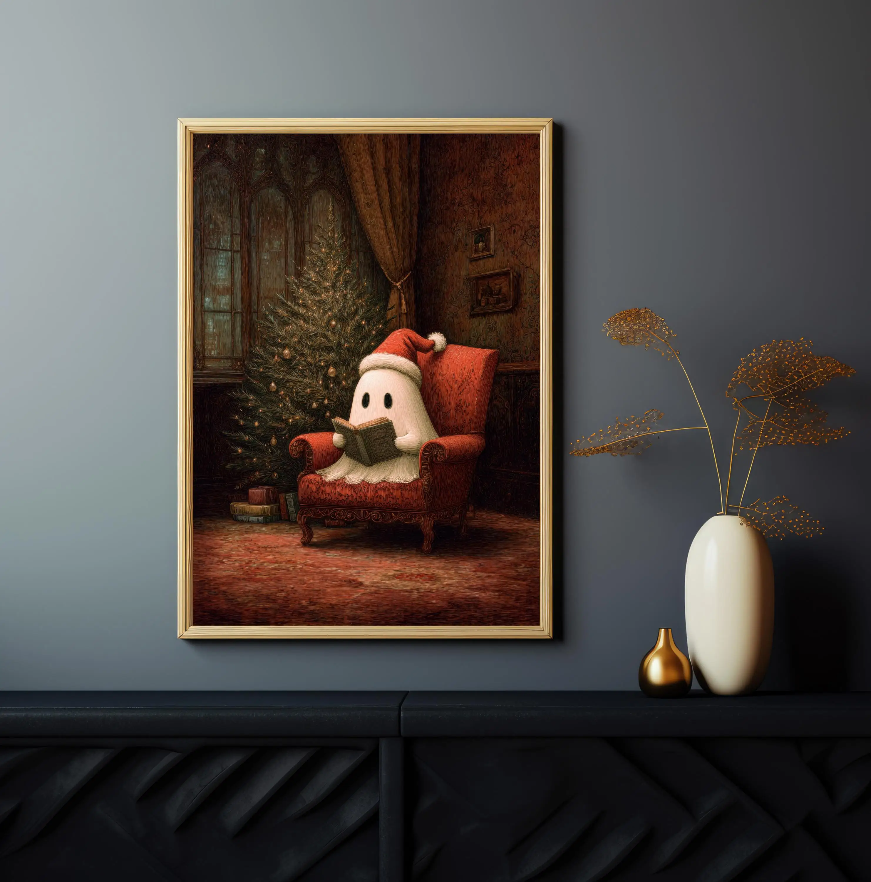 Christmas Ghost Reading Book Wall Art Poster Unframed Spooky Thanksgiving Poster Farmhouse Festive Poster for Living Home Decor