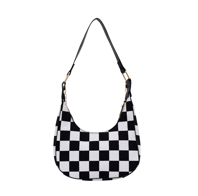 Fashion Women PU Leather Thin Chain Shoulder Crossbody Half Moon Bags Vintage Leopard Checkerboard Houndstooth Printed Handbag